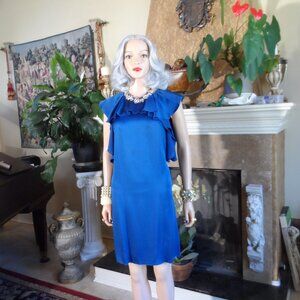 Lanvin Paris Sapphire Blue Ruffle Silk Blend Shift Dress - Size 2